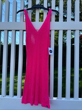 Eidon Hot Pink Crochet V-Neck Swim Cover-Up Dress